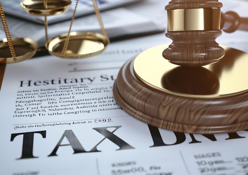 A wooden gavel and scales of justice lie on a tax document. This image represents the legal implications of taxation and the potential for disputes or litigation related to taxes. The image is perfect for illustrating articles or publications about tax law, legal proceedings, and the financial obligations associated with taxes.